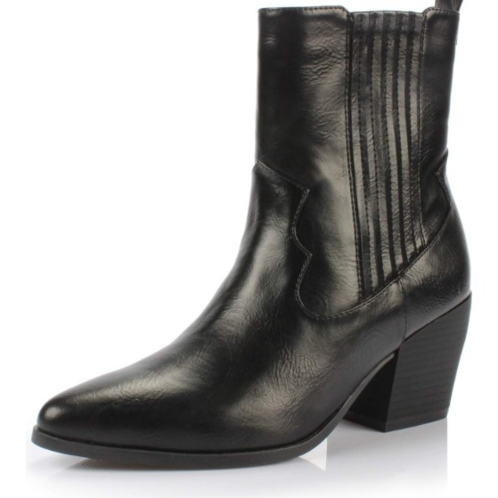 Black Faux Leather Western Ankle Boots Side Zip Block Heel Size 6.5 NEW